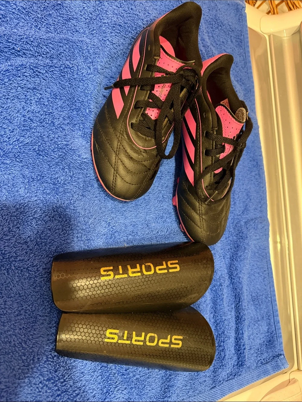 adidas Kids Black and Pink Soccer Sneakers with Shin Guards